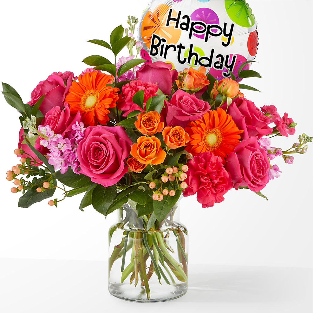 Fiesta Bouquet with Birthday Balloon – Green Leaf, West Springfield MA