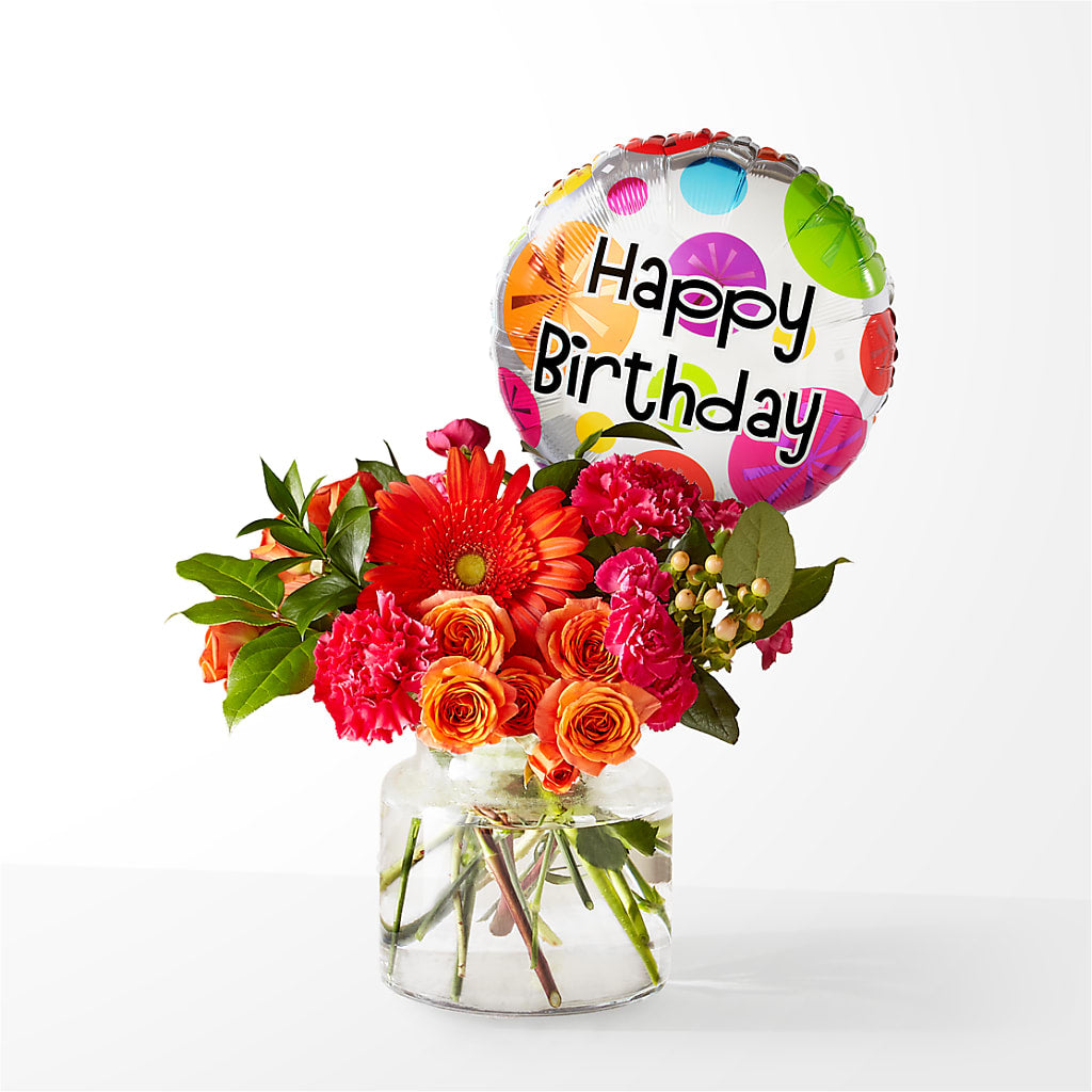 Fiesta Bouquet with Birthday Balloon – Green Leaf, West Springfield MA