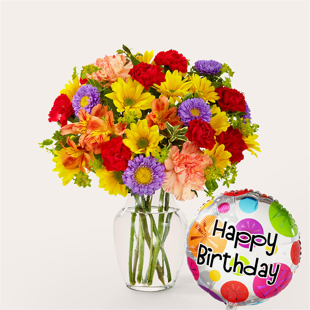 Kaleidoscope Bouquet with Birthday Balloon – Green Leaf, West Springfield MA