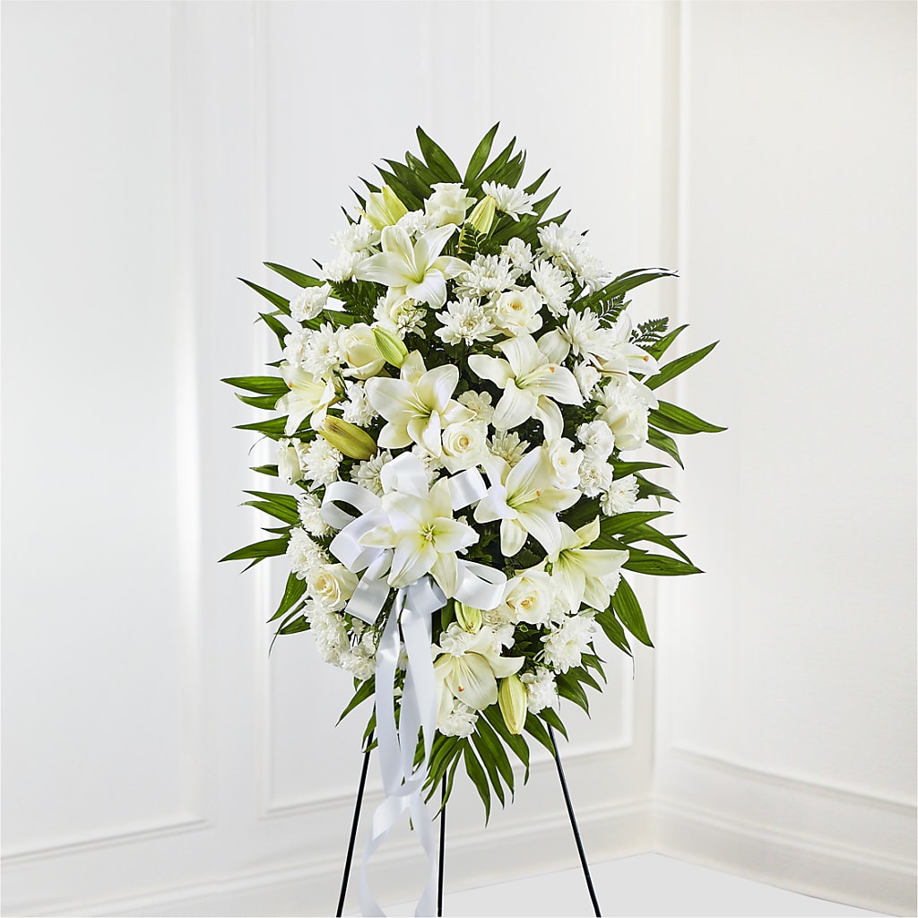 Exquisite Tribute Standing Spray-White Ribbon – Green Leaf, West Springfield MA