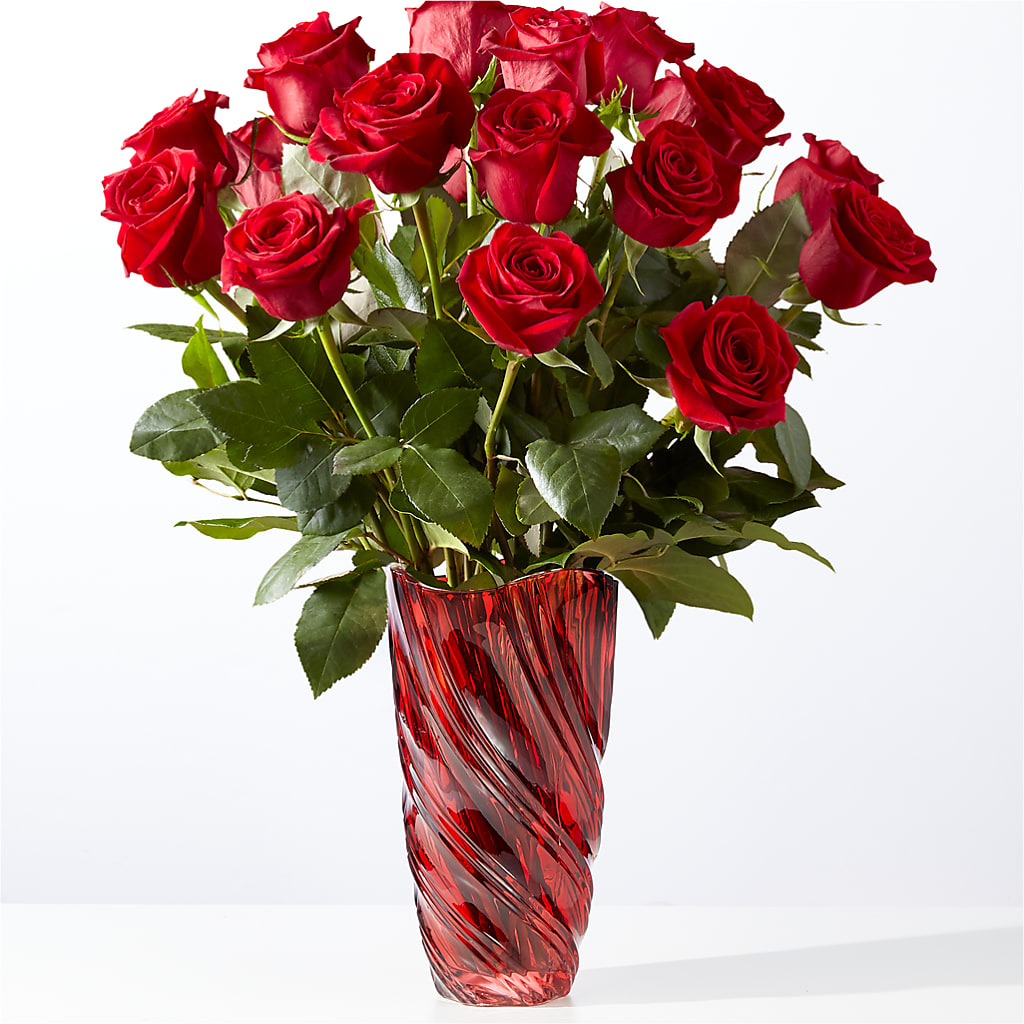 Classic Love Red Rose Bouquet with Luxe Swirl Vase – Green Leaf, West Springfield MA