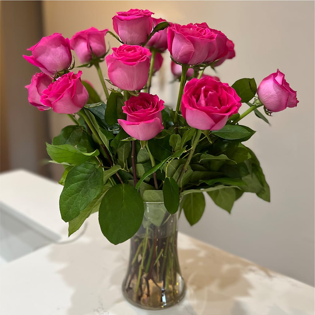 Long Stem Pink Rose Bouquet –  Green Leaf, West Springfield MA
